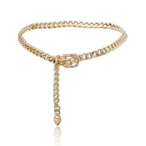 Goldene Metallkette Gürtel Nahaufnahme, Punk Stil Taillenaccessoire mit Schnalle, Detail.