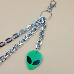 Punk metal waist chain keychain with green alien pendant hip hop streetwear jewelry accessory