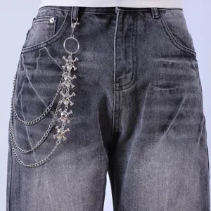 Punk Gothic mehrlagige Metall Hosenkette mit Totenkopf Anhängern, coole Taillenkette.