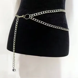 Detailed view of the chic silver multi-layer metal waist chain with ring links design.