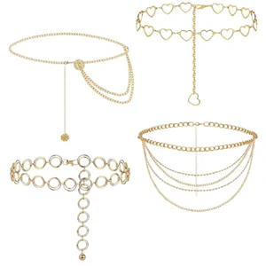 Gold metal waist chain set, vintage heart and ring body chains, stylish fashion jewelry.