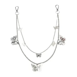 Silver double layer waist chain with butterfly pendants cool hip hop body chain jewelry