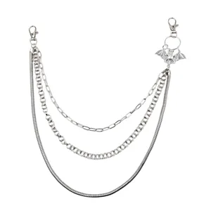 Details of the punk multi-layer metal pants chain with retro bat pendant and secure lobster clasps.