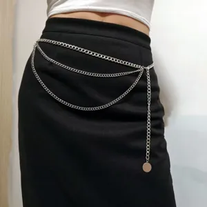 Silver multi-layer waist chain belt detail view, stylish metallic body jewelry accessory.