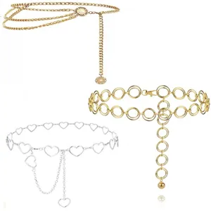 Women multi-style metal waist chain set, gold and silver body chains with heart design.