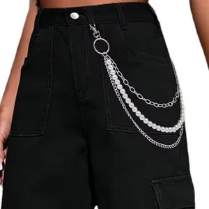 Punk faux pearl waist chain for women, multi-layer metal pants chain fashion accessory.