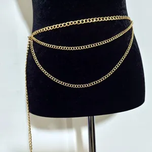 Close-up of a stylish multi-layer gold chain belt detail, perfect accessory for outfits.