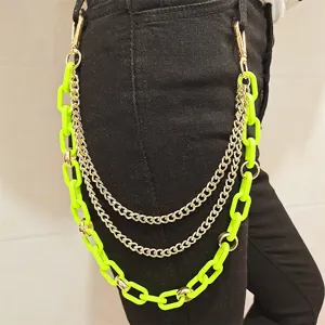 Punk hip-hop neon green and gold layered pants chain, versatile geometric metal waist chain decor.
