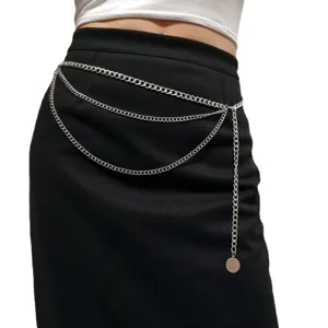 Multi-layer silver metal waist chain body jewelry retro fashion accessory for women.
