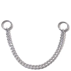 Silver metal shoe chain detail, featuring dual ring clips, durable and stylish accessory.