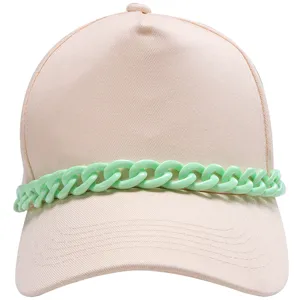 Beige baseball cap with mint green chunky chain detail, trendy casual streetwear hat acc.