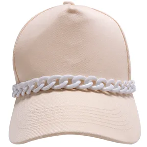 Beige baseball cap featuring a stylish chunky white chain decoration for trendy daily casual looks.