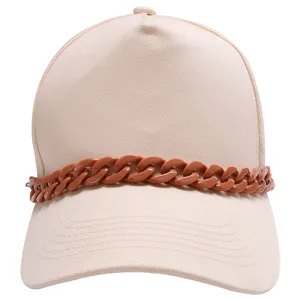 Beige baseball cap featuring a trendy brown chunky chain accessory for women and daily wear.