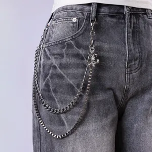 Punk Hip Hop Double Layer Metal Waist Chain Men Cool Cross Jeans Chain Streetwear Fashion Pants Chain Body Jewelry