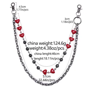 Gothic multi-layer pants chain detail view featuring red heart beads and metal chains for street style.