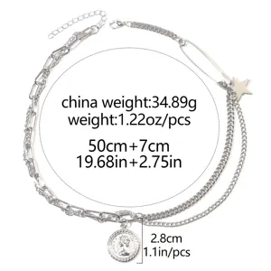 Collana multistrato alla moda con ciondolo a moneta, catena hip-hop color argento da donna.