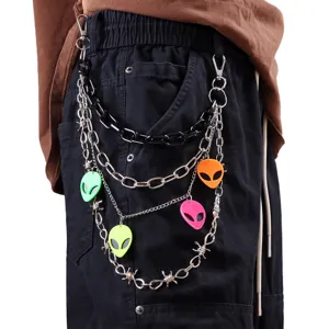 Punk style multi-layer metal pants chain with colorful fluorescent alien pendants for women.