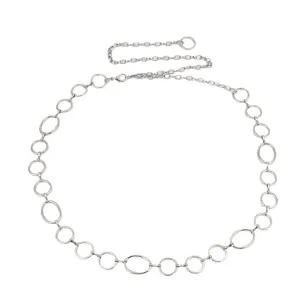 Silver metal chain belt for women, punk style round ring waist chain, stylish pants chain.