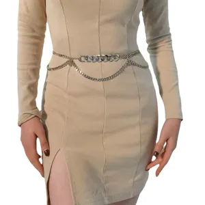 Punk metal waist chain for women, adjustable trendy body jewelry accessory for dress.