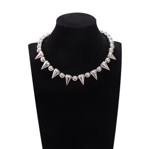 Punk Style Silver Color Alloy Ball Chain And Cone Rivet Choker Necklace Unisex Trendy Streetwear Fashion Jewelry