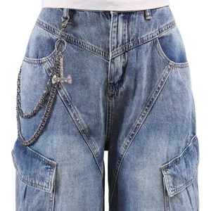 Pantaloni cargo in denim punk hip hop con catena da vita in metallo multistrato stile streetwear