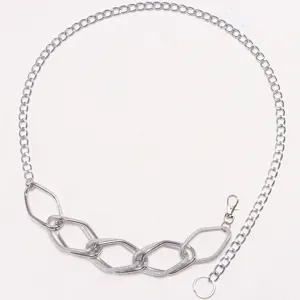 Metal waist chain for women, geometric chunky link belt, fashion silver suit accessory detail view.