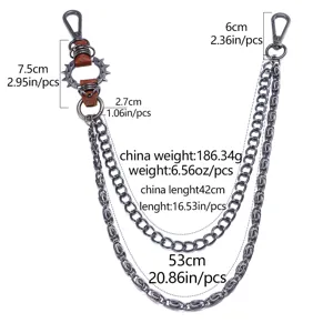 Punk rock multi-layer metal pants chain with spikes and leather details for men stylish wear.