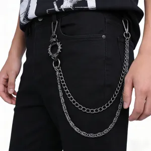 Punk style double layer metal pants chain with spike leather ring for men streetwear fashion detail