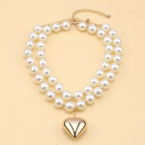 Double layer pearl necklace with gold heart pendant elegant fashion jewelry for women