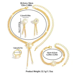 Detailed dimension graphic showing gold crystal zircon necklace earrings bracelet set sizes.
