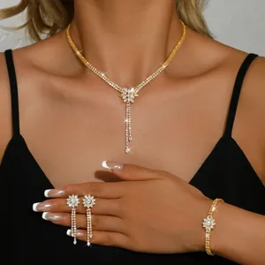 Gold-plated cubic zirconia flower tassel necklace earrings bracelet jewelry set detail showcase.