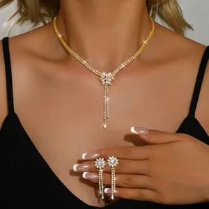Elegant Zircon Necklace Earrings Set Gold Tassel Bridal Jewelry Accessories Detail View