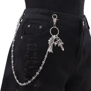 Gothic punk metal pants chain waist chain featuring cross and dagger charms for trousers.