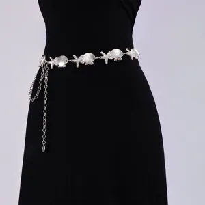 Bohemian silver metal waist chain featuring shell and starfish charms with pearl details.