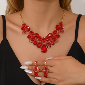Luxus vergoldete rote Kristall Halskette und Ohrringe Schmuck Set für Damen Hochzeit.