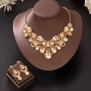 Luxus Braut Kristall Strass Halskette Ohrringe Schmuckset fuer Damen Mode Hochzeit