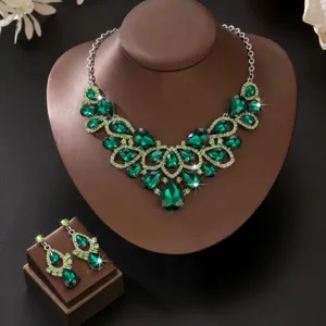 Luxus grüne Kristall Halskette Ohrringe Braut Schmuck Set, elegante funkelnde Strass.
