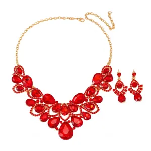Luxuriöses rotes Kristall Strass Statement Halskette und Ohrringe Braut Schmuck Set