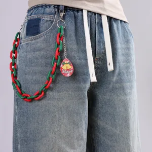 Hip hop Christmas pants chain red green link trousers accessory with cute bell pendant.