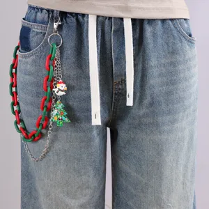 Christmas tree snowman pendant pants chain hip hop style red green link trousers accessory