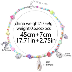 Colorful beaded bohemian shell necklace detail showing length dimensions and charm sizes.
