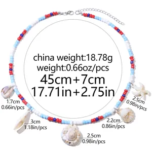 Bohemian colorful beaded necklace detail showing shell and starfish charms dimensions.