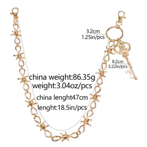 Punk metal waist chain with barbed wire and key pendant, detail showing length and weight specs.