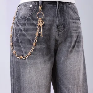Punk style metal waist chain with barbed wire and key pendant for hip-hop fashion outfits.