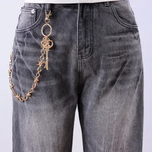 Punk metal waist chain with barbed wire and key pendant, stylish hip hop pants accessory for daily wear.