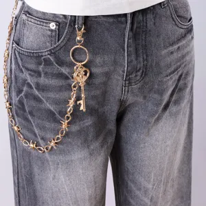 Punk style metal waist chain with barbed wire and key pendant, hip-hop trouser chain.