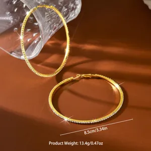 Grandi orecchini a cerchio con strass, 8.5cm gioielli moda trendy in metallo dorato donna.