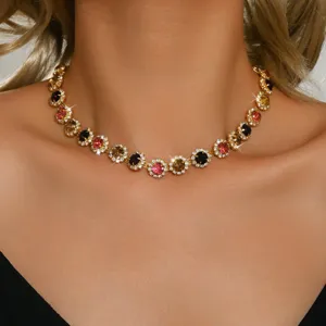 Elegante Collar Gargantilla de Cadena de Garras de Cobre con Diamantes de Imitación Colgante de Flor Geométrica Multicolor Brillante para Mujer Boda Fiesta Joyería Regalo