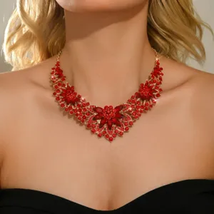 Luxury red crystal rhinestone flower necklace gold tone statement clavicle chain detail view