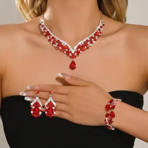 Red crystal necklace earrings bracelet set bridal wedding dress fashion jewelry accessories